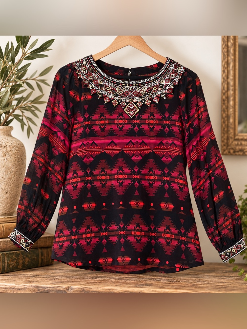Soft Surroundings Beaded Embroidered Boho Tunic Blouse Petite Small PS